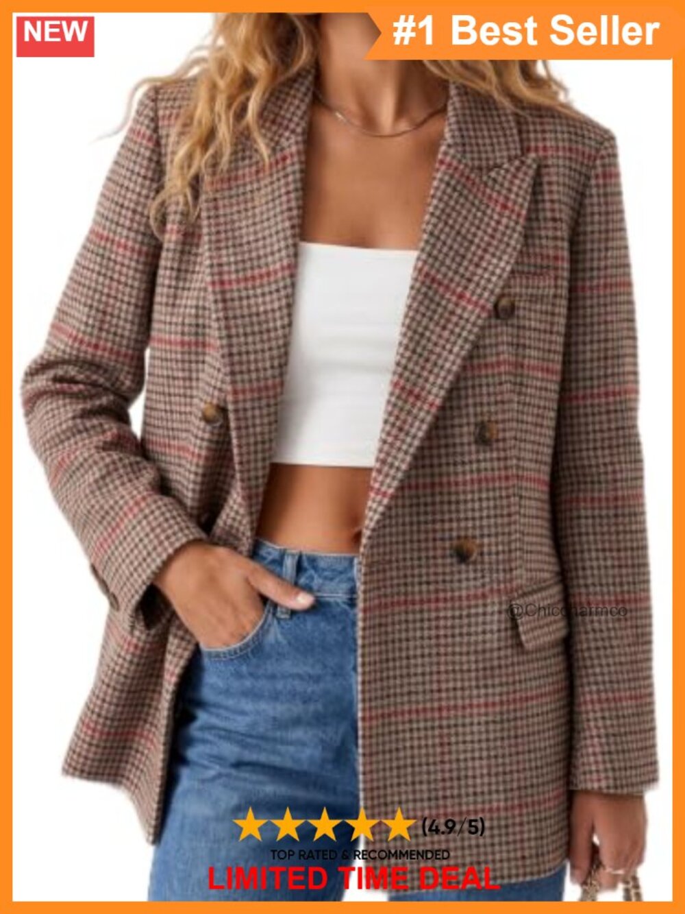 Wool Blend Tweed Plaid Blazer Slim Fit Business Casual Lined Jacket